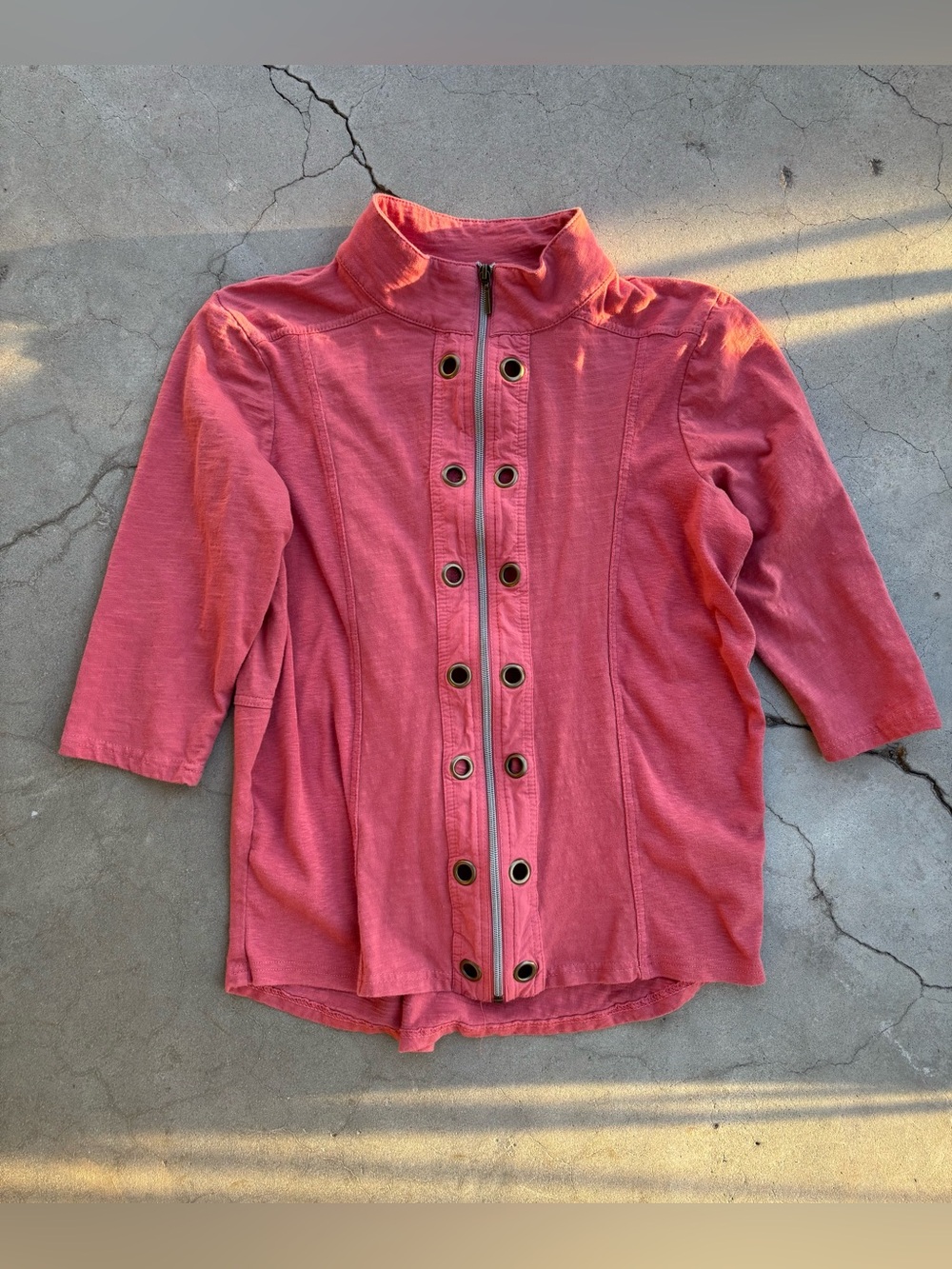 Onque Casual 100% Cotton Coral Mock Neck Full-Zip Tunic Jacket Grommet Small